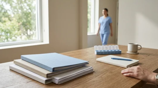 Personne consultant des documents de mutuelle santé dans un environnement lumineux moderne