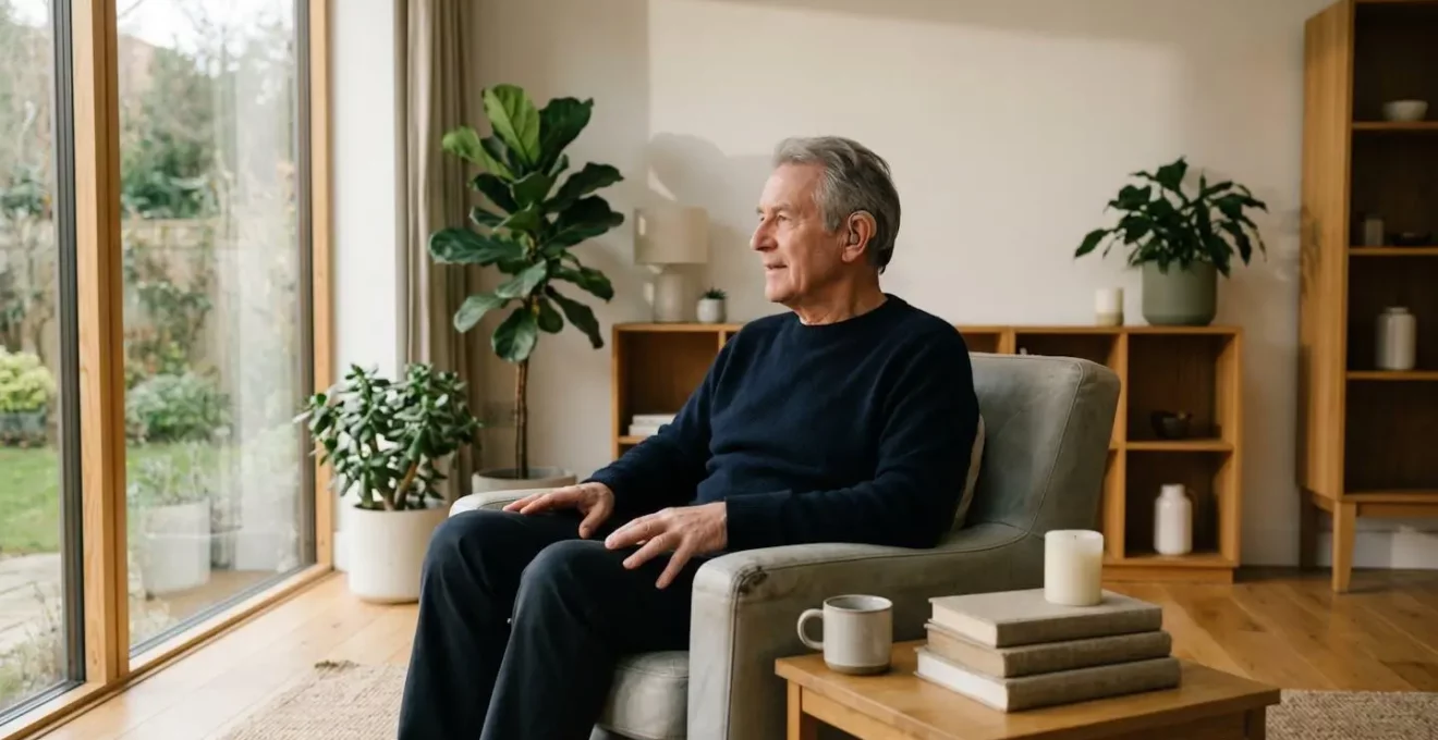 Personne senior dans un environnement quotidien naturel testant son confort auditif avec un appareil moderne