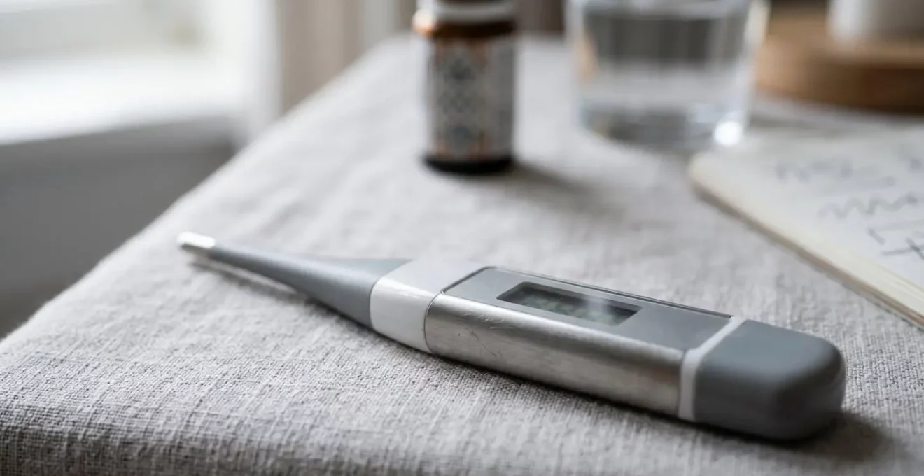 Thermomètre médical et objets de surveillance post-opératoire sur table de chevet