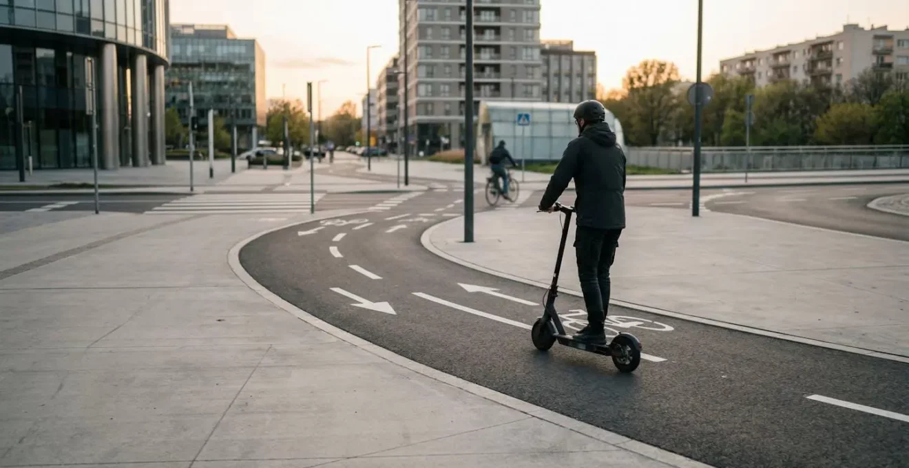 Trottinette électrique circulant sur une piste cyclable urbaine illustrant les risques de circulation et la nécessité d'une assurance spécifique