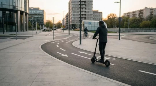 Trottinette électrique circulant sur une piste cyclable urbaine illustrant les risques de circulation et la nécessité d'une assurance spécifique