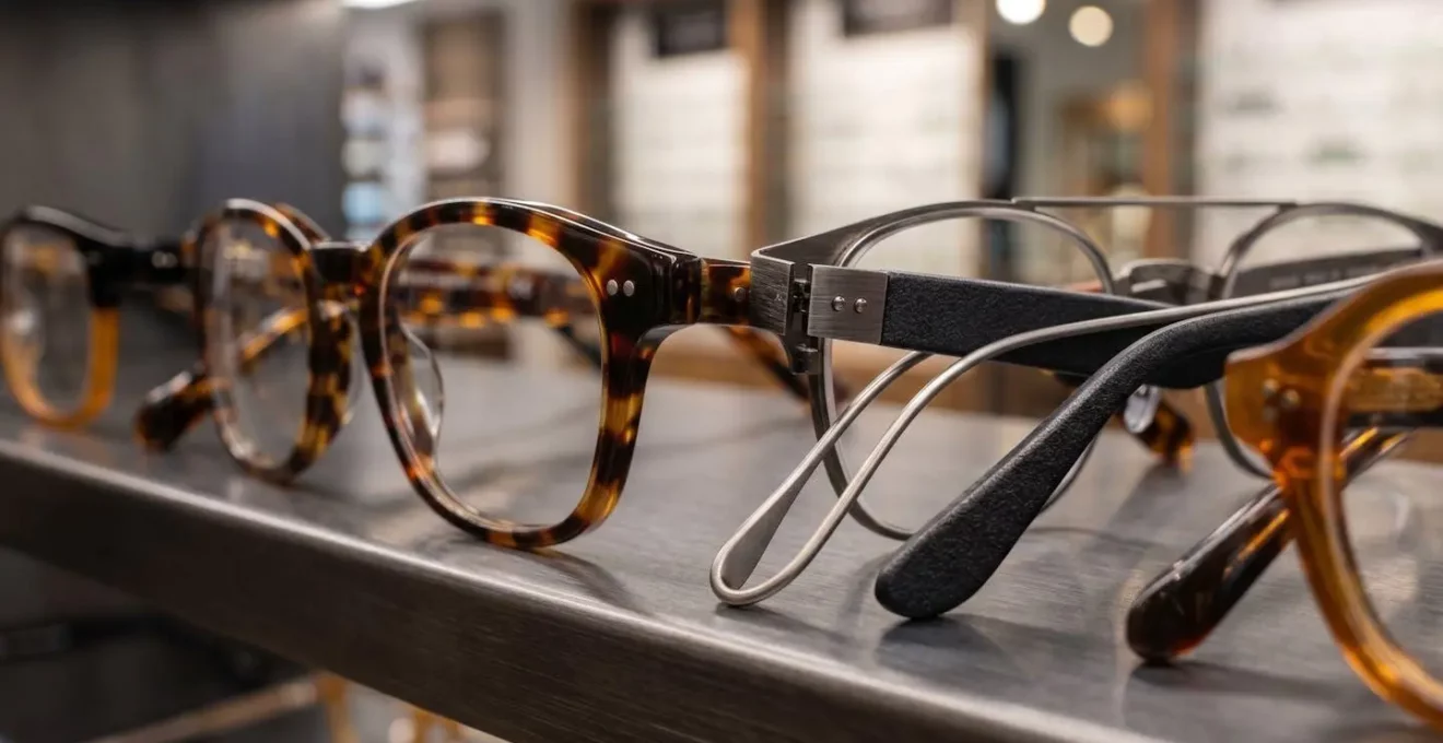 Vitrine d'opticien présentant diverses montures de lunettes avec un éclairage professionnel