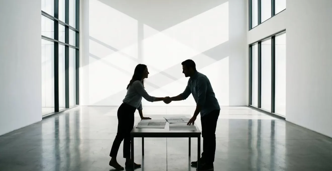 Moment de signature du procès-verbal de réception entre un artisan et son client sur un chantier terminé