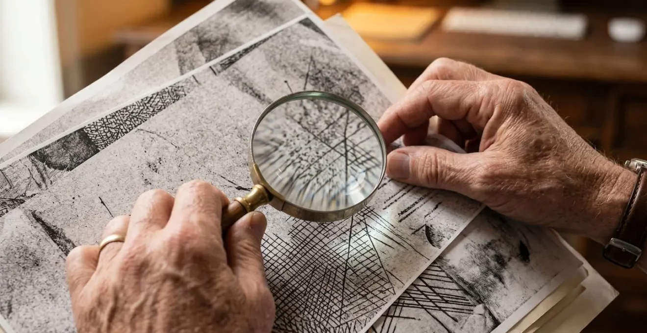 Gros plan sur des mains vérifiant méticuleusement des documents d'assurance avec une loupe sur un bureau professionnel